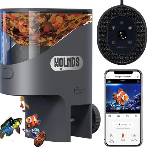 Wolmds WiFi Futterautomat Aquarium mit 2,5K Kamera, 2,4/5G Smart App, 0,2g Präzision für Flockenfutter, 200ML Feuchtigkeitsschutz, Sicherer Automatischer Fischfutterautomat für Urlaub & Alltag