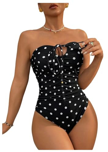 GORGLITTER Swimming Costume Women Polka Dots Bandeau One Piece Swimsuit Cutout Tummy Control Beach Holiday Sexy Swimwear