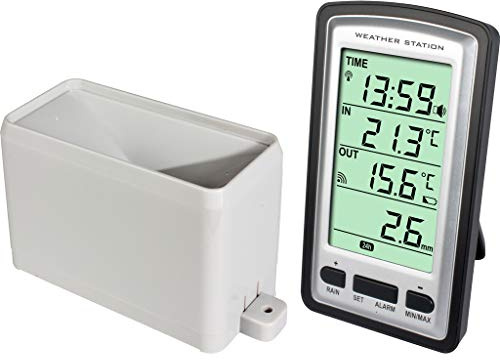 Alecto WS-1200 Funk Wetterstation mit digitalem Regenmesser, Innen- und Außentemperaturanzeige und DCF-gesteuerter Uhr. Der Niederschlagsmesser hat eine Reichweite von bis zu 100 Metern (freies Feld)