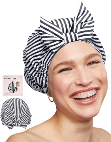 Kitsch Luxury Shower Caps for Women - Reusable Large Shower Cap for Long Hair with Non Slip Silicon Grip | Extra Large Shower Cap with One Size Fits Most | Stylish Shower Hat (BlackWhiteStripe)