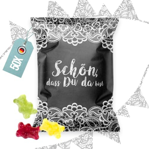 Logbuch-Verlag 50 Gummibärchen Schön dass du da bist Gastgeschenke schwarz weiß Süßigkeit mini Geschenke für Gäste
