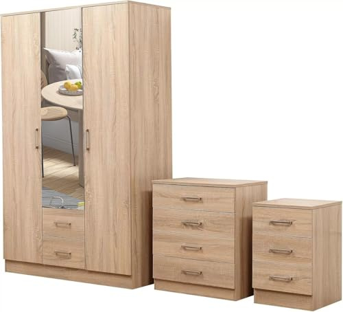 Harmin BEDROOM FURNITURE SET - 3 DOOR MIRRORED SOFT CLOSE WARDROBE, CHEST & BEDSIDE (Sonoma Oak)