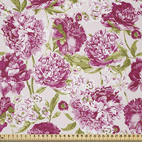 ABAKUHAUS Blume Stoff als Meterware, Pfingstrosen und Blattblumen, Microfaser Stoff für Dekoratives Basteln, 1M (230x100cm), Olivengrün Weiß Rosa