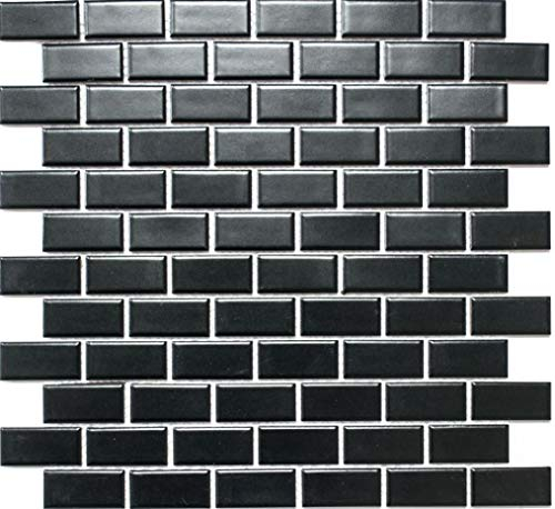 Keramikmosaik Mosaik Fliese Keramik Brick schwarz matt Küche Wandverkleidung Duschtasse Badewannenverkleidung Küchenfliese WC Mosaikmatte Mosaikplatte | 10 Mosaikmatten