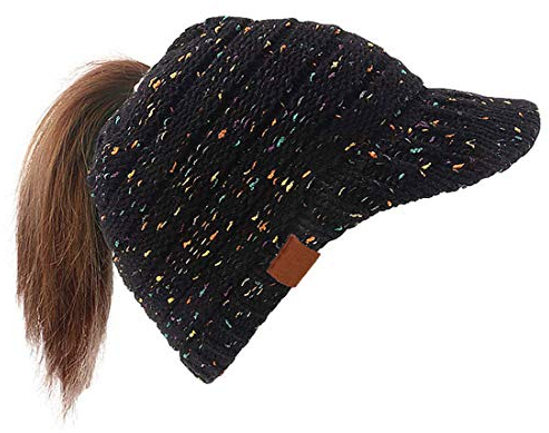 Yixda Damen Wintermütze Pferdeschwanz Mütze Warme Strickmütze mit Schirm (Schwarz)