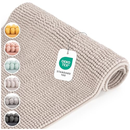 Blumtal Badematte 50x80 cm Hochflor Chenille - Oeko-TEX zertifizierter Badteppich - Badematten & Badteppiche - Duschvorleger - Badvorleger rutschfest waschbar - Bathroom Rug - Teppich Bad in Beige