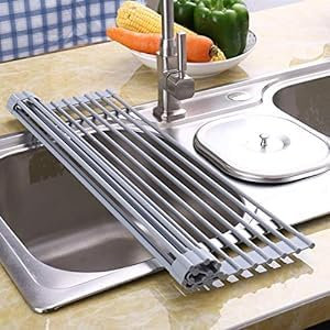 Dayish Escurridor de platos multiusos para enrollar sobre el fregadero, escurridor plegable para lavar platos, estante para utensilios de acero inoxidable después del lavado, tamaño grande (18 x 17.7