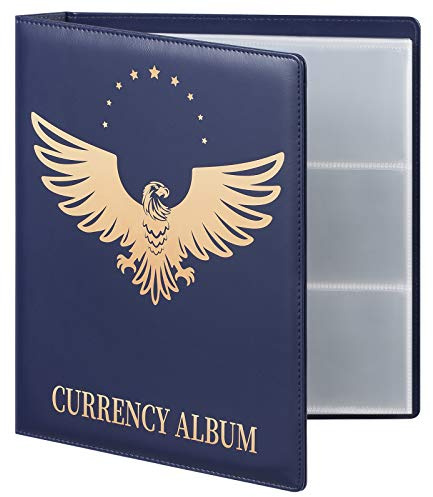 MUDOR Premium PU Banknote World Currency Collection Album, 90 Pockets Dollar Bill Holders for Collectors, Classic Paper Money Collecting Storage Book Album Binder Supplies (Blue)