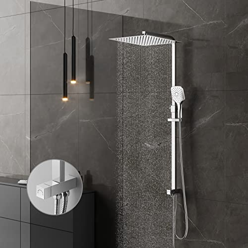 KOMIRO 30x30cm Duschkopf Duschsystem, Regendusche Ohne Armatur,Chrom | Handbrause mit 3 Strahlarten,Edelstahl Duschstange Höhenverstellbar,Quadrat Duschsystem ohne Armatur,Messing-Umschaltventil