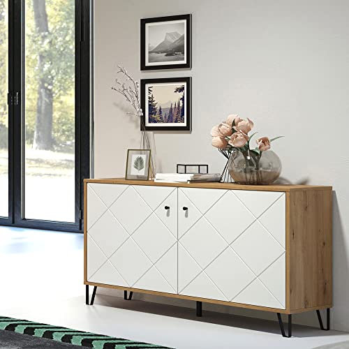 Lomadox Sideboard Wohnzimmer modern in Artisan Eiche Nb. mit weiß matt, B/H/T: ca. 123/76/40 cm