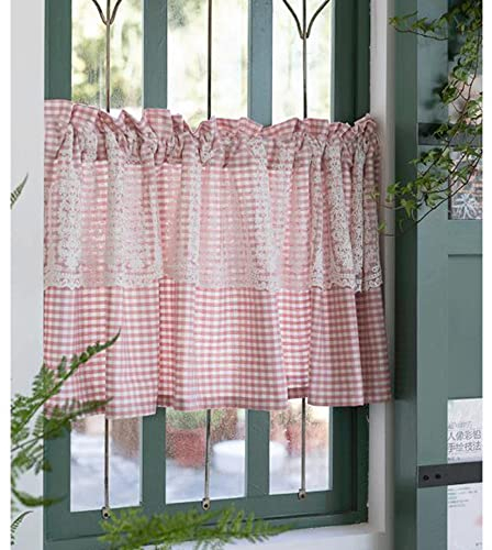 SMYORR Cafe Vorhang Landhausstil Karierte Küche Kleinfenster Gardine Scheibengardine Bistrogardine mit Spitze Rosa / 1 PCS / W150xH70cm