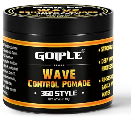 Goiple Natural Wave Pomade for Men Strong Hold, Easy Wash 360 Wave Training Hair Cream, Waves Grease for Men Promotes Layered Waves, Moisture, Control and Silky Shine 4oz