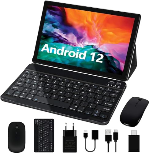 GOODTEL Tablette 10 Pouces Android 12 4Go RAM + 64Go ROM (1To TF), 5G + 2.4G WiFi, 8000mAh, 2.0Ghz Cores, BT 5.0, 8MP + 5MP, Type C, OTG, Tablette Tactitle avec étui, Clavier et Souris - Noir