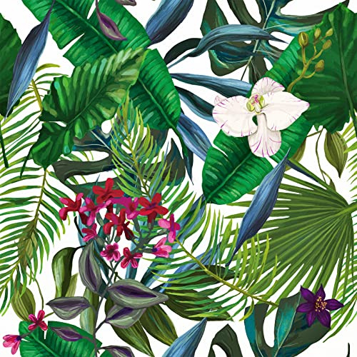 STICKEEP Carta da parati tropicale con motivo floreale verde, carta da parati autoadesiva con foglie di banano, foglie di palma e fiori della giungla, per pareti, camera da letto, bagno, 61 x 380 cm