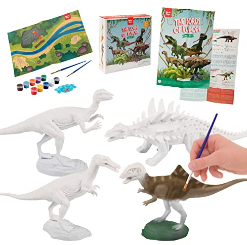 Nene Toys Kit Dinosauri Giocattolo con Colori per Bambini 3-7 Anni [I Signori d'Europa] – Giocattolo per Vernice con 4 Dinosauri, 10 Colori, 2 Pennelli, Poster Educativo e Tappeto da Gioco