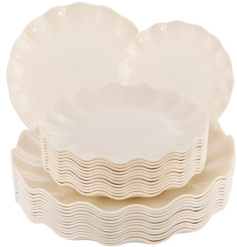 LIYH 24 Pcs Plastic Plates Reusable,Unbreakable Dinner Plates, Scalloped Plastic Plates, Dishwasher Safe,Ivory Plate Sets Perfect for Parties, Birthday, Picnics, BPA Free(12Guests)