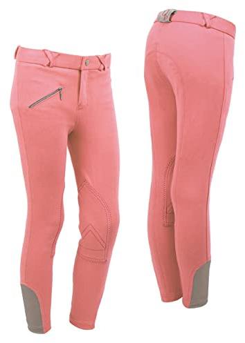 QHP Pantalon d'équitation junior pour enfant avec basanes en tissu (as3, Numeric, Numeric_164, Regular, Flamingo rose, Regular), Rose flamant