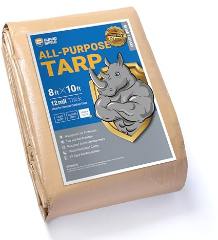 GUARD SHIELD Beige Tarps Heavy Duty Plus+ Waterproof 8x10 Feet, 12mil Large Tarp with Reinforced Grommets, Outdoor Cover for Roof, Car, Boat, Truck and Ground Pool