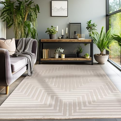 SIMPEX Kurzflor Teppich Wohnzimmer Beige Schlafzimmer Esszimmer Läufer Flur Küchenteppich Boho Teppich 3D Design Skandinavischer Stil Modern Weich, Beige, 140 x 200 cm