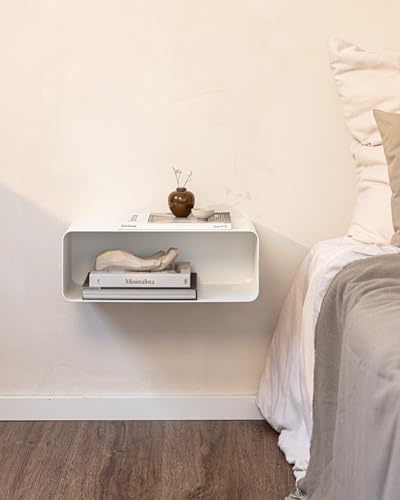 Metallbude Hängender Nachttisch NELIO Weiß - Moderner schwebender Nachtschrank aus Metall - Kratz-, Stoß- & Schlagfest - 47x17x25 cm