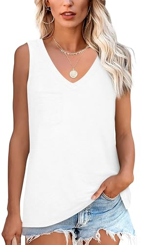 NONSAR Maglietta senza maniche da donna, basic estiva, elastica, con scollo a V, casual, con tasca, comoda