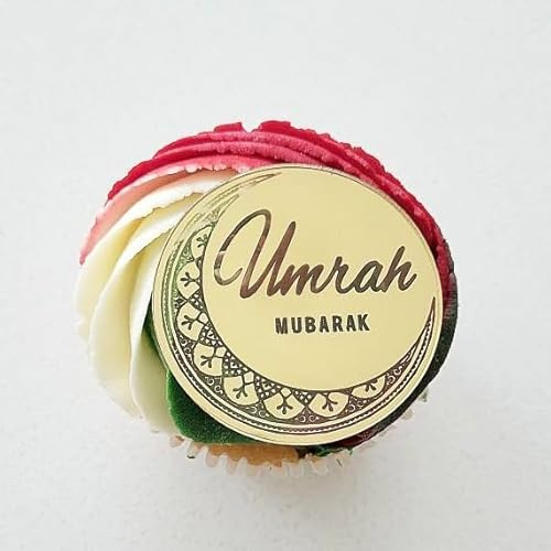 6 Umrah Mubarak Cupcake Discs, Gold, Acrylic Disc, Reusable, Cupcake Toppers, Cake Decoration, Topper, Decorations.