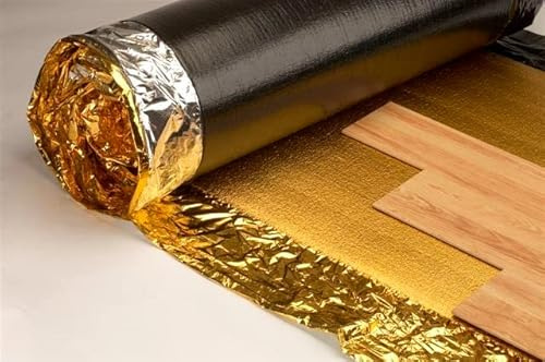 Base de madera y laminado, propiedades de membrana a prueba de humedad y nivelación del suelo, 2 mm, 3 mm y 5 mm de grosor, aislamiento térmico y a prueba de sonido (5 mm DPM dorado (1 m x 7,5 m))