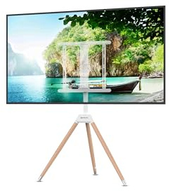 Technolenz | TV-Ständer aus Massivholz und Stahl, Ideal für Wohn- und Schlafzimmer, Büro oder Veranstaltungen | Höhenverstellbar und Drehbar, für TVs bis 60 | Hell, ohne Ablage
