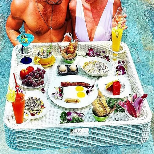 GALPBBCADE Schwimmender Tabletttisch Pool Mode Schwimmende Poolwanne Serviertablett Rattangeflecht Schwimmendes Tablett Servieren GeträNken Am Pool Brunch Essen Auf Dem Wasser,B,100 * 60cm