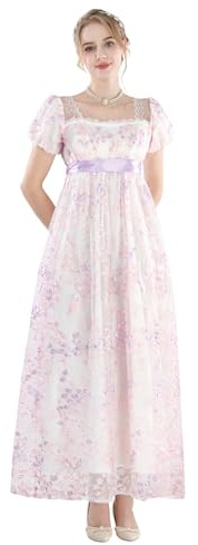 FCCAM Robe Dame Regency Jane Austen Longue Robe Vintage Victorienne Robe de Bal avec Gants Taille Empire, L