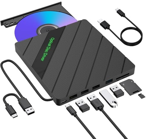 inaepeak Lettore CD esterno 8 in 1 per laptop, lettore CD esterno portatile USB 3.0 con 4 porte USB, 2 slot per schede TF SD, 1 porta di tipo C, disco per computer portatile/PC/Mac/Windows/Linux/OS