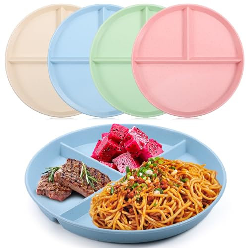 Eidoct 4-Piece Portion Control Plates Set, Unbreakable Plastic Plates, 9'', Reusable Lightweight Deep Dishes for Adults & Kids (Pink, Blue, Green, Beige, Divided)