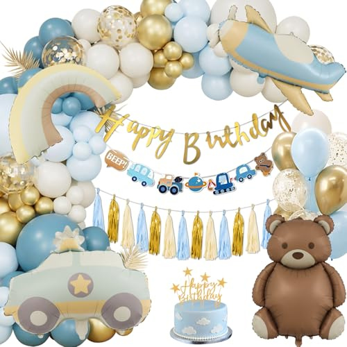 Universelle Geburtstagsdeko Junge, Luftballon Geburtstag Deko Blau Gold Kindergeburtstag Deko, Happy Birthday Girlande Banner Tortendeko Folienballon für 1 2 3 5 6 7 8 Jahre Partydeko Geburtstag Junge