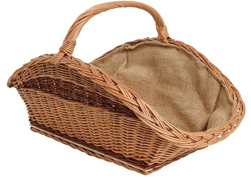 BOGATECO Weidenkorb mit Henkel, rechteckig | Kaminkorb 60x40x28 | Handgewebt, massiv | Holzkorb mit Jute ausgekleidet | Brennholzkorb | Zweifarbig