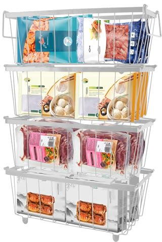 Gefrierschrank Organizer Behälter, 4 Stück Gefrierkörbe Stapelbar Gefriertruhe Organizer Gefriertruhe Korb mit Griff und Rutschfestem Boden für Kühlschrank, Schrank (37,2 x 18,8 x 14 cm) (4 Weiß)