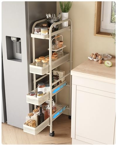 UMDONX Métallique Chariot de Cuisine étroit avec Tiroirs Coulissants,4 Niveaux étagère Roulette Etroite,Chariot de Service à roulettes,Chariots de Rangement pour Cuisine Bain Salon Balcon(Blanc)