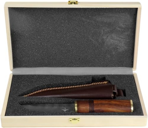 NJORD Jagdmesser Petri – Feste Klinge aus Damaststahl Rosenholz, Outdoormesser Gürtelmesser Bushcraft Machete