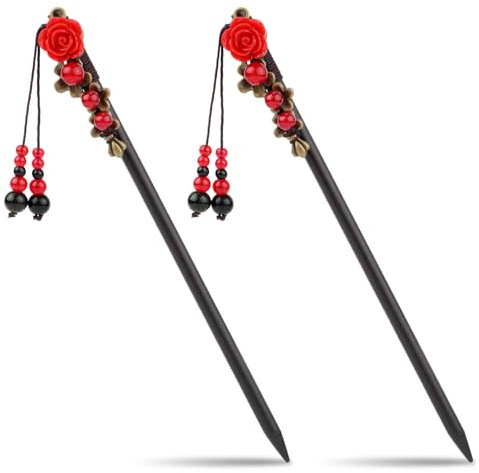 Mikovivi 2pcs Retro Vintage Chinese Hair Pins Rose Flower Hair Chopsticks Asian Japanese Wooden Hairpin Traditional Hanfu Pin Classic Hair Holder Accessories for Women Long Hair