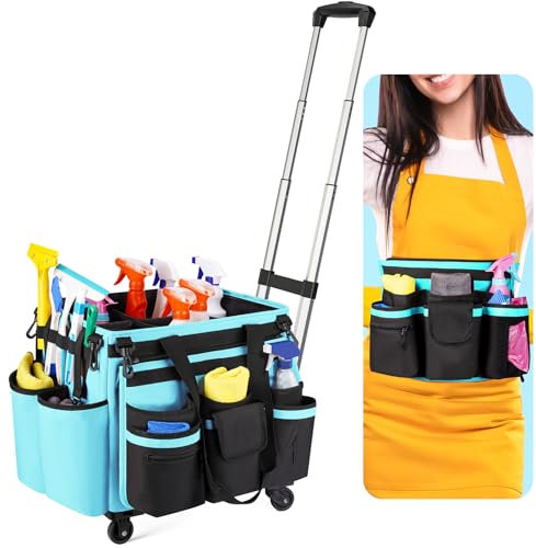Homward Rolling Cleaning Caddy with Wheels & Lid, 40L Cleaning Caddy on Wheels with Detachable Trolley & Waist Pouch, Waterproof Cleaning Cart for Housekeeping Organizing Cleaning Supplies, Lite blue