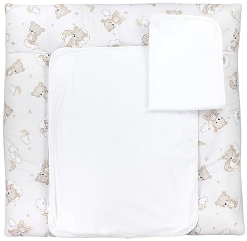 TupTam Wickelauflage mit 2 wasserfesten Frotteebezügen – weich gepolstert & hautfreundlich MAR02579, Farbe: Bären Wolken Regenbogen/Beige, Größe: 75 x 85 cm