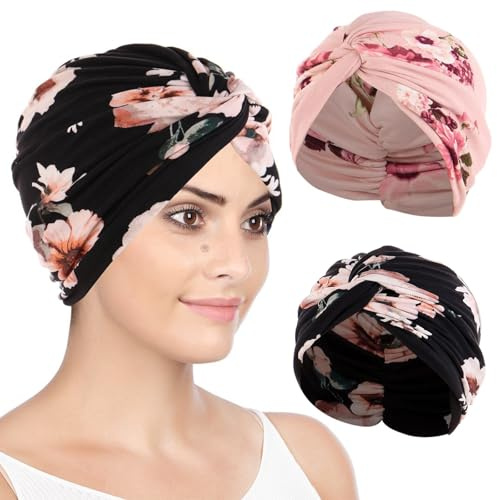 Lot de 2 chapeaux de chimio pour femme - Foulard pour femme - Turban pour dormir - Bonnet pré-noué - Chapeau léger - Bonnet plissé, multicolore, L