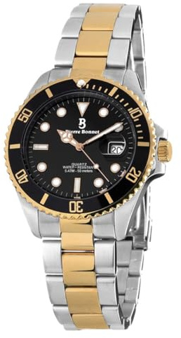 Pierre Bonnet Orologio Uomo Subacqueo Master Sub-Diver, Cassa 40mm Acciaio – Movimento Quarzo Miyota 2115, Ghiera Girevole, Data, Waterproof 10 ATM, Bracciale Flip-Lock (Oro/Nero)
