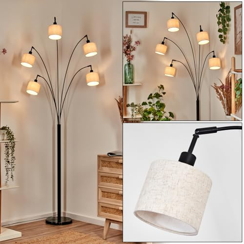 HOFSTEIN Stehleuchte Bassagoda, moderne Stehlampe mit Marmorfuß aus Metall/Stoff in Schwarz/Naturfarben, verstellbare Leuchte mit Fußschalter, E14, Wohnzimmer, Schlafzimmer, Flur, Büro