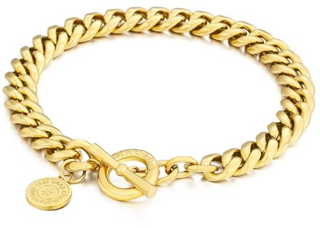 KRKC&CO Herren Panzerkette Armband mit T Stab Verschluss, 8mm 14K Gold beschichtet Edelstahl Cuban Armbänder, Nickel-frei Rostfrei Armschmuck, Geburtstag Geschenke für Damen Männer Jungen 21cm