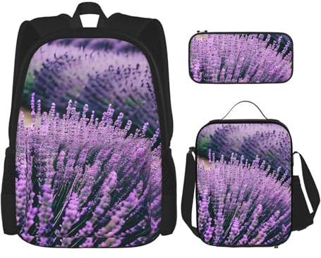 OXKGHHO Juego de mochila de trabajo con estampado de lavanda púrpura con lonchera aislada, correas ajustables, para gimnasio y uso diario, Negro -, Talla única