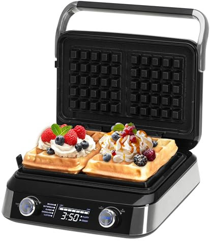 ADLER EUROPE Piastra per waffle belga – doppia waffle con display LCD – 2400 W macchina per waffle e cialde al cioccolato – 5 programmi, 7 livelli di doratura – piastre riscaldanti profonde 12 x 13 x