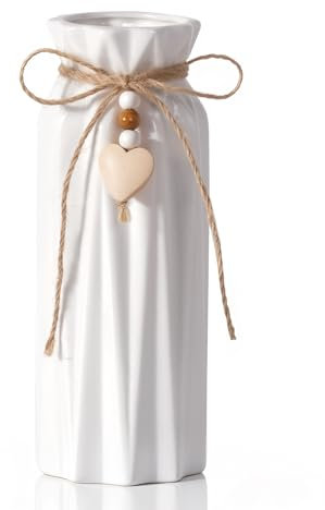 UoYeet 21CM Ceramic Vase with Geometric Pattern, Decorative White Vase with Jute Rope & Heart Charm for Flowers and Pampas Grass, Home Décor, Table Centerpieces,
