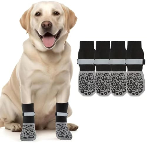 2 Paar Hundesocken mit Greifern Verhindern Lecken Pfoten,rutschfeste Hundeschuhe Verstellbaren Riemen Gummiunterseite für Hartholzböden,Welpen Katzen Pfotenschutz für Kleine Mittelgroße Große Hunde
