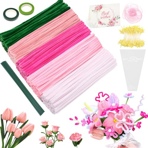 Epaing Pfeifenputzer zum Basteln, 400 Stück 5 Farben Pipe Cleaner Flower Set, mit Staubgefäße, Blütenstiel, Karte, Klebeband, Fischschwanzgarn und Blumentasche, Pfeifenreiniger Blumen