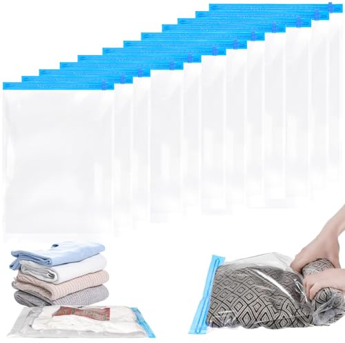 SENLINLIN Seal Travel Space Saver Bags, 12Pack Reusable Vacuum Travel Storage Bag for Clothes, Saves 75% of Storage Space, Roll-Up Compression, No Need For Vacuum Machine Or Pump, 4 different Size